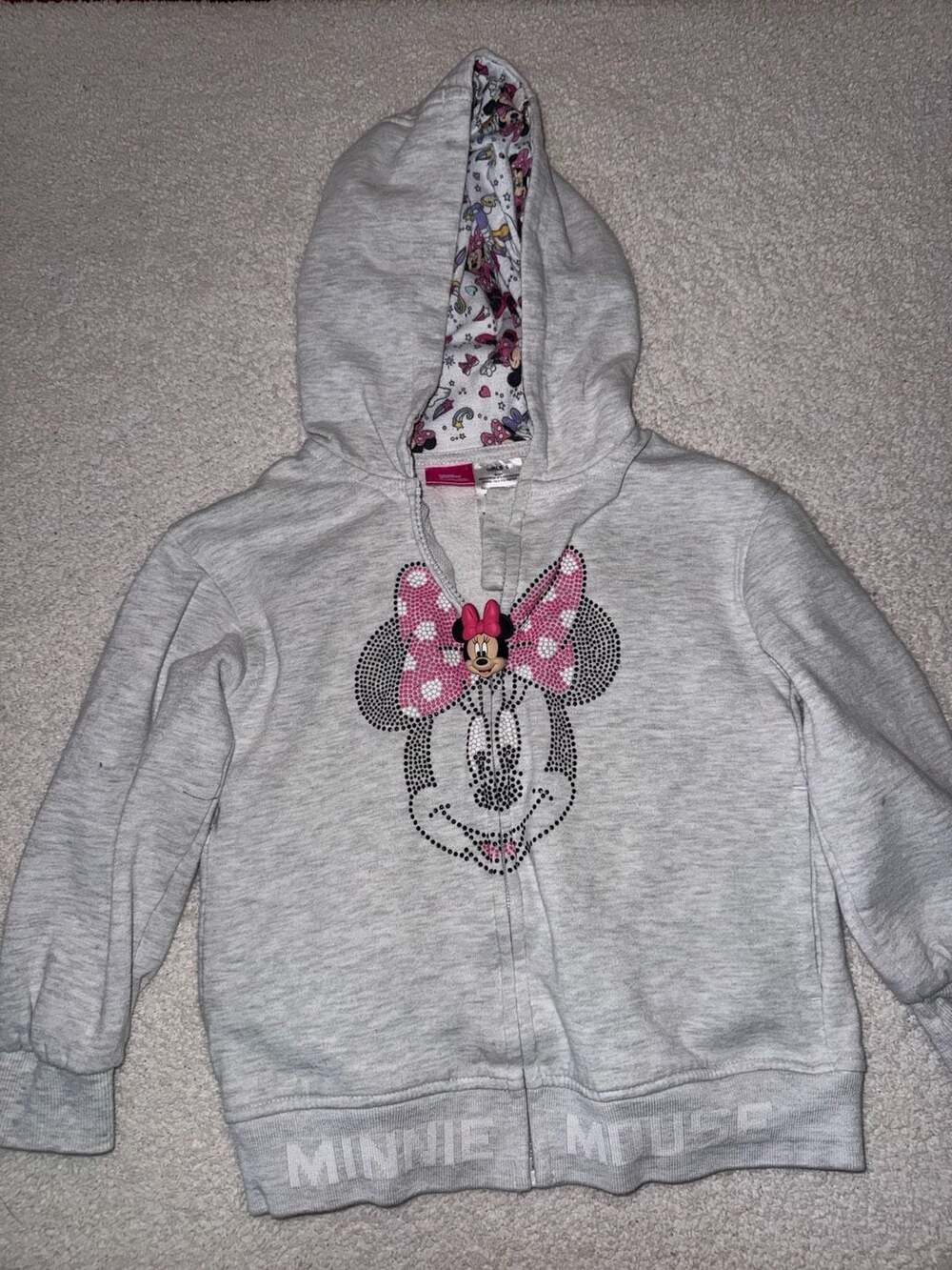 Disney Minnie Mouse Hoodie Size 6 Gray Rhinestone Zip Up